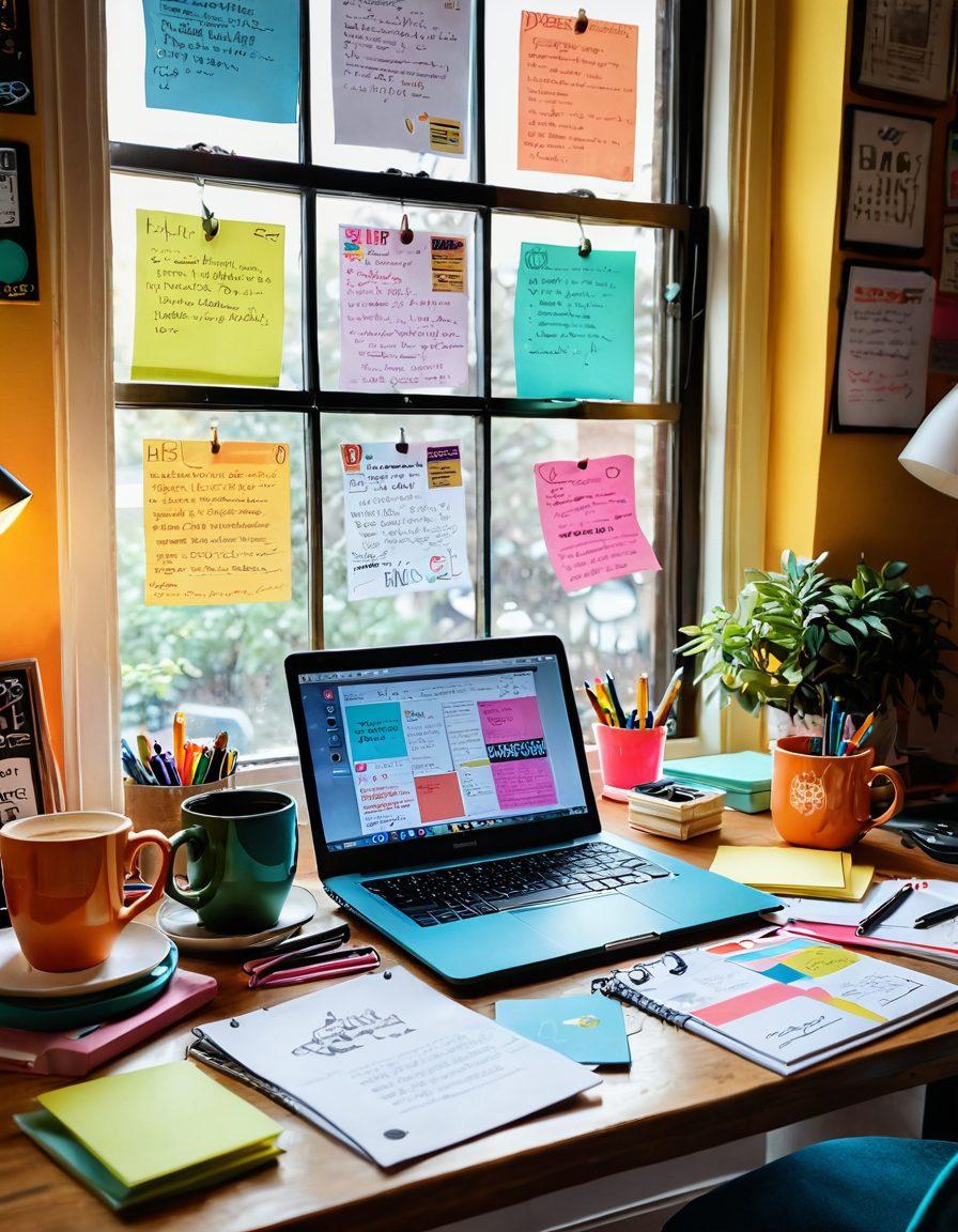 A vibrant desk cluttered with colorful stationery and a glowing laptop, showcasing a blog page with uplifting success quotes. In the background, a wall decorated with inspirational posters and a window offering a glimpse of a sunny day outside. A steaming cup of coffee sits amidst notes filled with sketches and ideas, conveying creativity and ambition. super-realistic. vibrant colors. warm lighting.