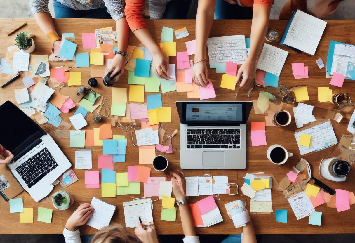 A vibrant digital collage showcasing a diverse group of bloggers at their desks, surrounded by colorful sticky notes filled with ideas and tips. Include laptops, coffee mugs, and inspirational quotes in the background. Emphasize the theme of collaboration and creativity with playful elements like light bulbs and gears. Style elements featuring dynamic textures and layered papers. super-realistic. vibrant colors.