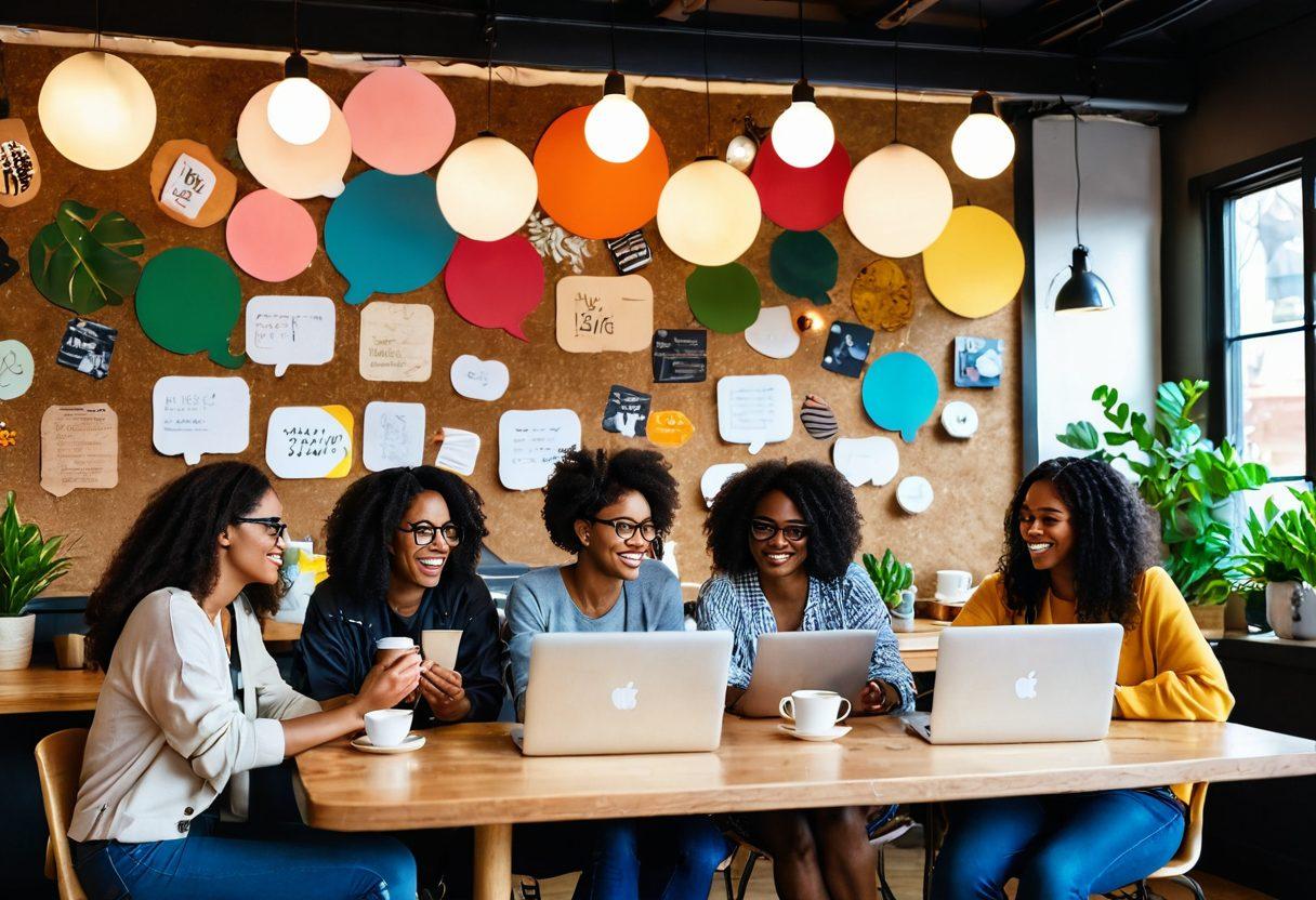 A diverse group of bloggers sitting in a cozy coffee shop, each engaged in creating content on their laptops. Thought bubbles showcasing colorful ideas and creative inspirations float above them. In the background, a large corkboard displays various blog post ideas and community gatherings. Warm lighting and plants create an inviting atmosphere. super-realistic. vibrant colors. cozy interior.